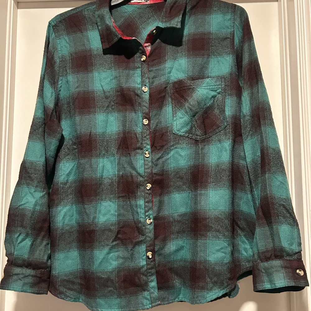 Maurices Teal and Brown Plaid Button Down Shirt